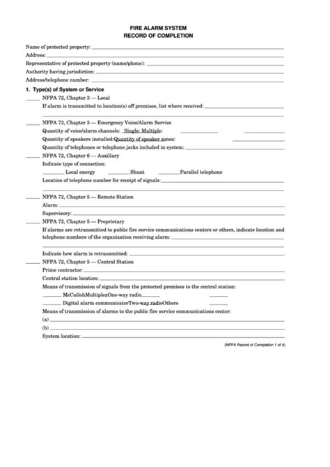 This form is to be completed by the system installation contractor at the time of system acceptance and approval. . Nfpa 72 fire alarm system record of completion form